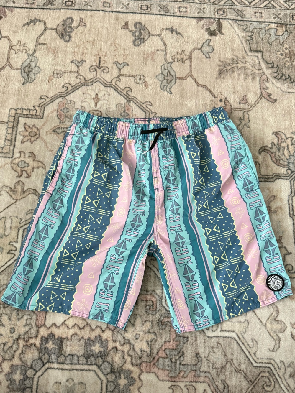 Volcom Boys Mint Teal Pink Patterned Swim Trunks